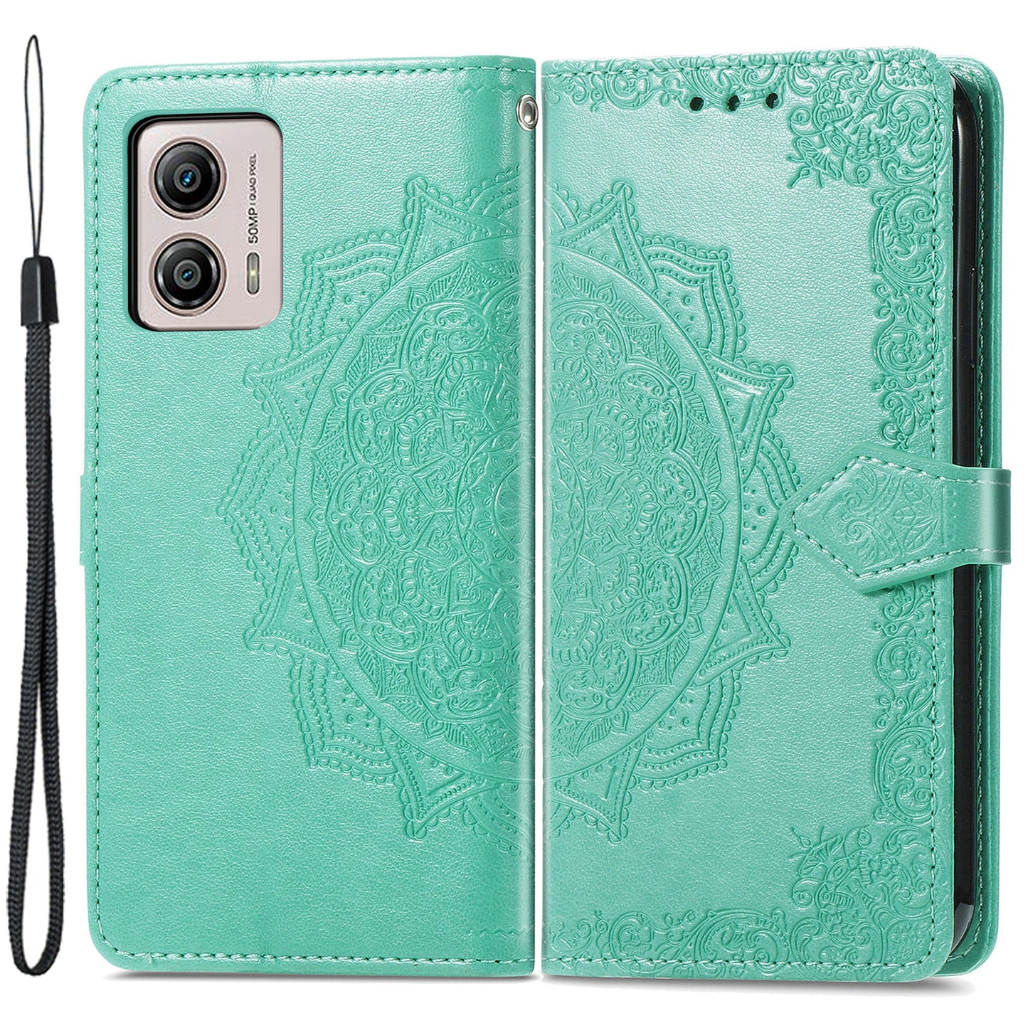 For Motorola Moto G53 5G Stand Shell PU Leather Wallet Embossed Mandala Pattern Case