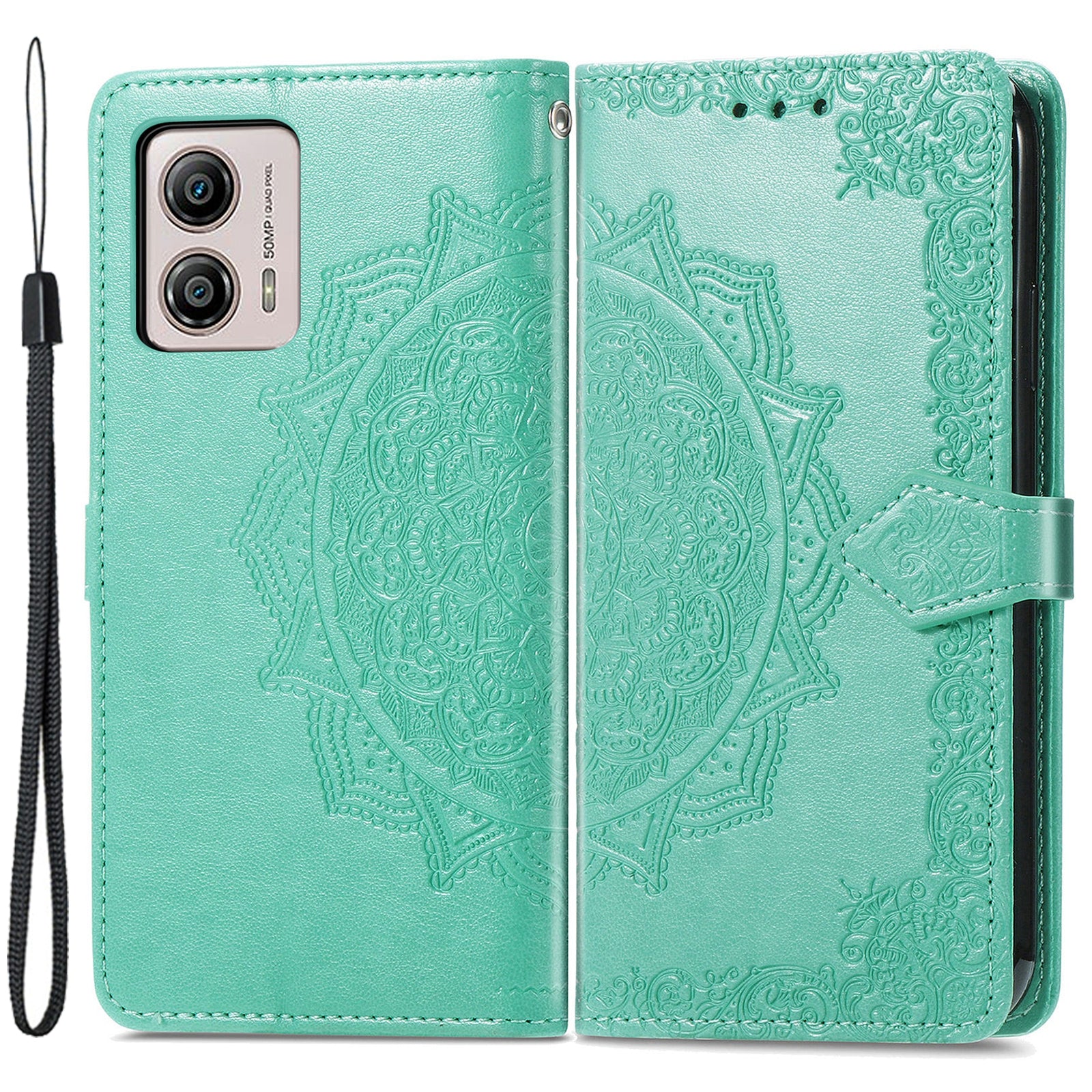 For Motorola Moto G53 5G Stand Shell PU Leather Wallet Embossed Mandala Pattern Case