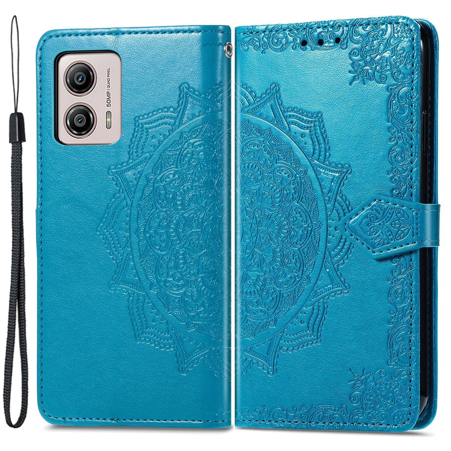 For Motorola Moto G53 5G Stand Shell PU Leather Wallet Embossed Mandala Pattern Case