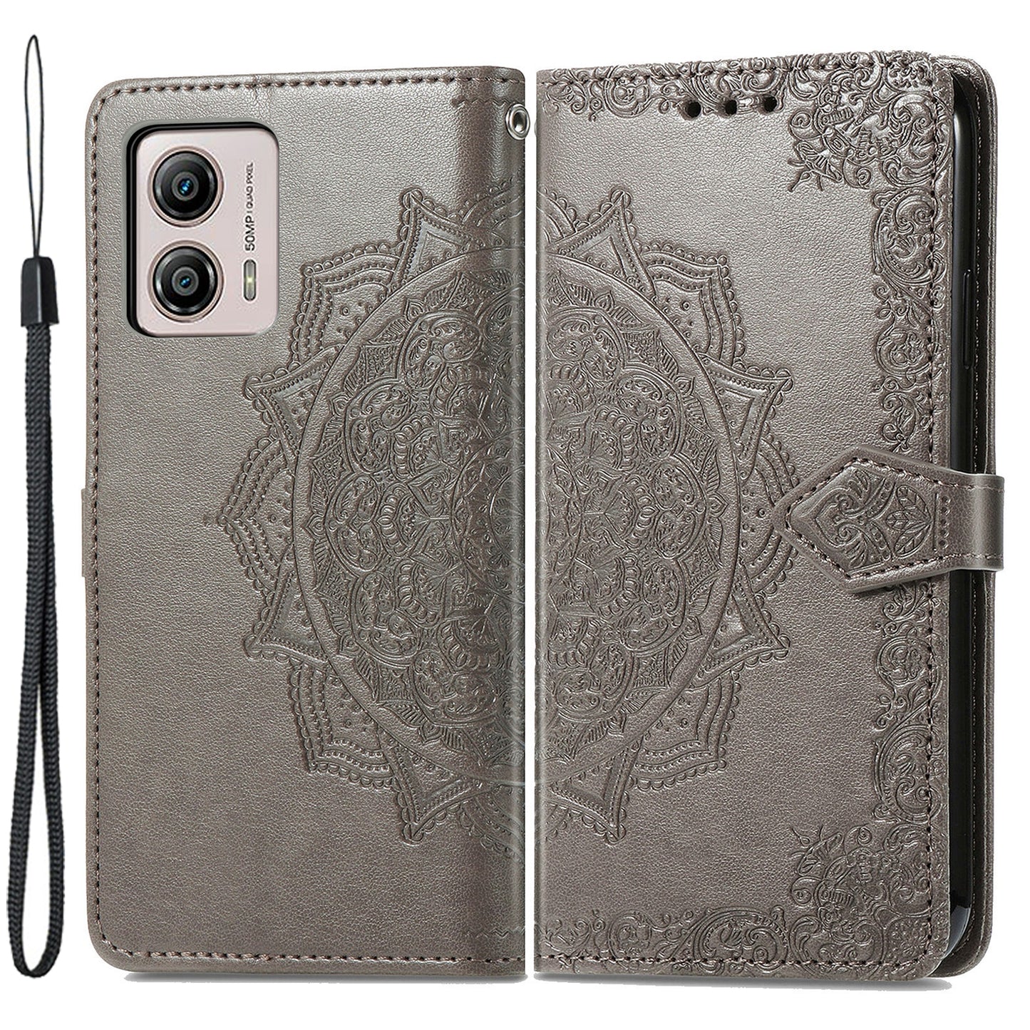 For Motorola Moto G53 5G Stand Shell PU Leather Wallet Embossed Mandala Pattern Case