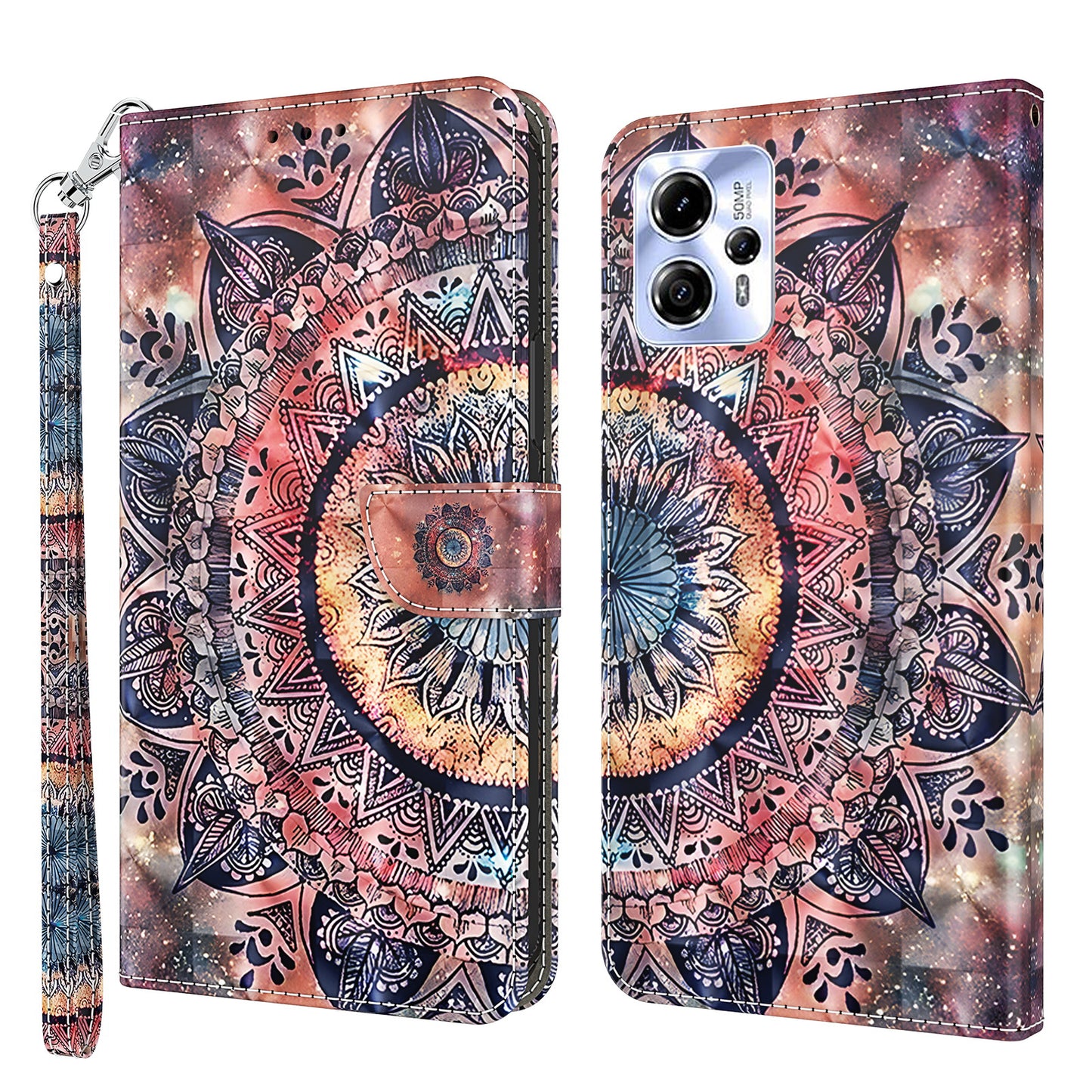 For Motorola Moto G13 4G / G23 4G Anto-drop Phone Case 3D Pattern Printing Flip Wallet Cover Stand with Strap