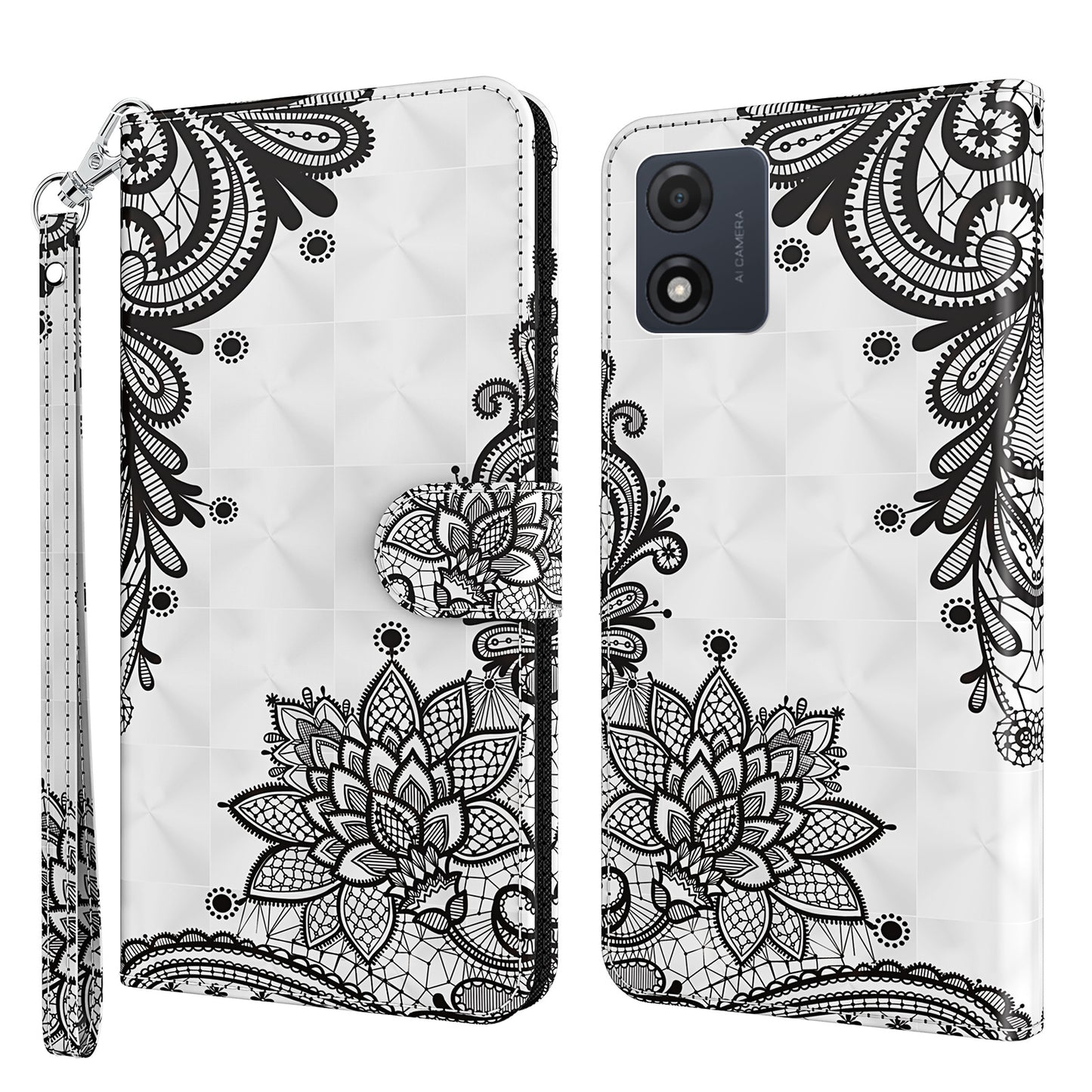 For Motorola Moto E13 4G 3D Pattern Printing Anti-drop Cover PU Leather Stand Wallet Phone Case with Strap