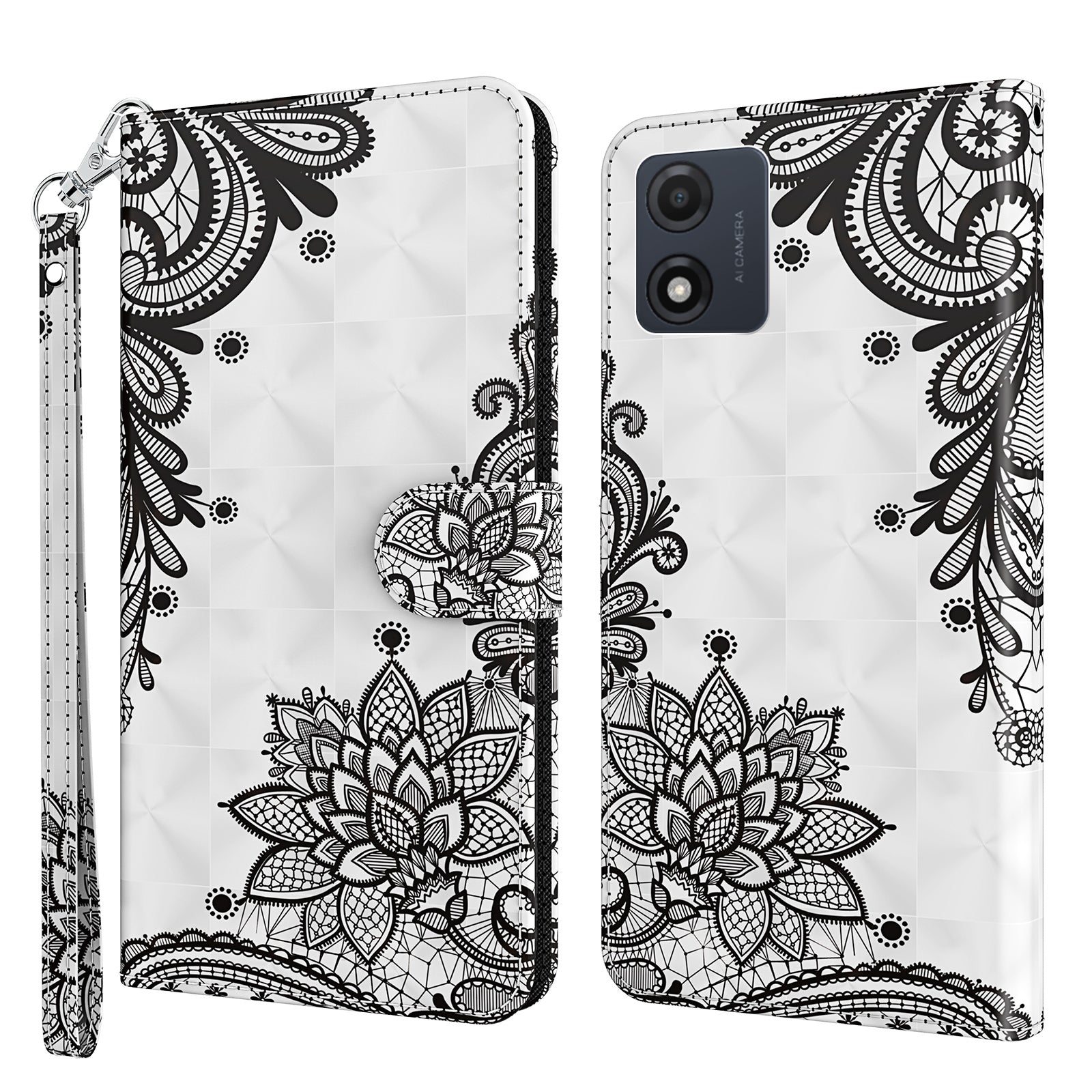 For Motorola Moto E13 4G 3D Pattern Printing Anti-drop Cover PU Leather Stand Wallet Phone Case with Strap