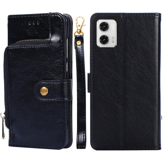 For Motorola Moto G73 5G Zipper Pocket Leather Phone Case Wallet Stand Phone Cover with Strap