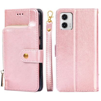 For Motorola Moto G73 5G Zipper Pocket Leather Phone Case Wallet Stand Phone Cover with Strap