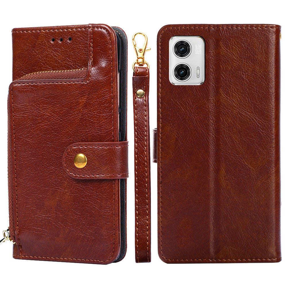 For Motorola Moto G73 5G Zipper Pocket Leather Phone Case Wallet Stand Phone Cover with Strap