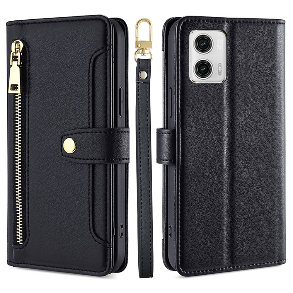 For Motorola Moto G73 5G Zipper Pocket Phone Stand Case Card Slots Leather Cover with Straps