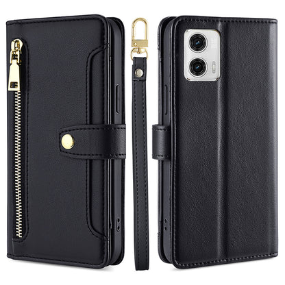 For Motorola Moto G73 5G Zipper Pocket Phone Stand Case Card Slots Leather Cover with Straps