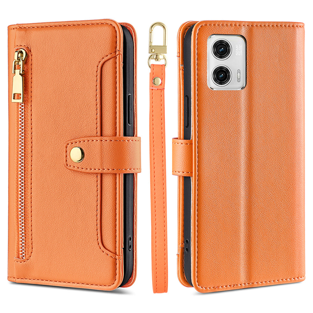 For Motorola Moto G73 5G Zipper Pocket Phone Stand Case Card Slots Leather Cover with Straps