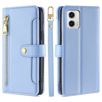 For Motorola Moto G73 5G Zipper Pocket Phone Stand Case Card Slots Leather Cover with Straps