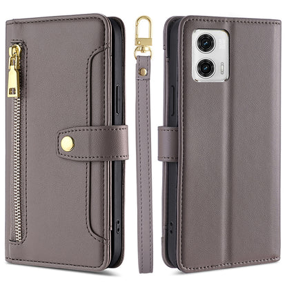 For Motorola Moto G73 5G Zipper Pocket Phone Stand Case Card Slots Leather Cover with Straps