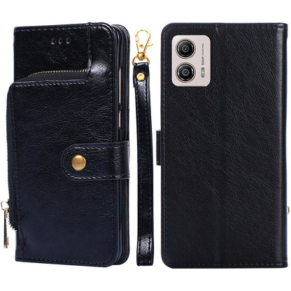 For Motorola Moto G53 5G / G13 4G / G23 4G Zipper Pocket Leather Phone Case Wallet Stand Cover with Strap