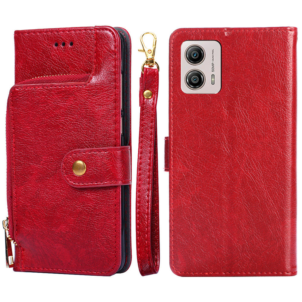 For Motorola Moto G53 5G / G13 4G / G23 4G Zipper Pocket Leather Phone Case Wallet Stand Cover with Strap