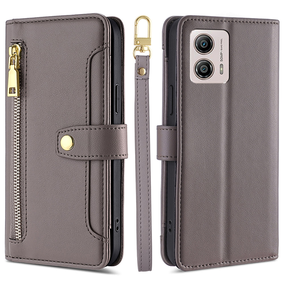 For Motorola Moto G53 5G / G23 4G / G13 4G Leather Phone Case Card Slots Zipper Pocket Stand Flip Cover