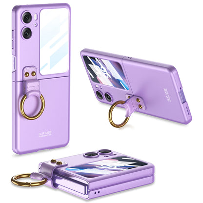 For Oppo Find N2 Flip 5G Hard PC Phone Case Finger Ring Kickstand Cover with Built-in Tempered Glass Small Screen Film