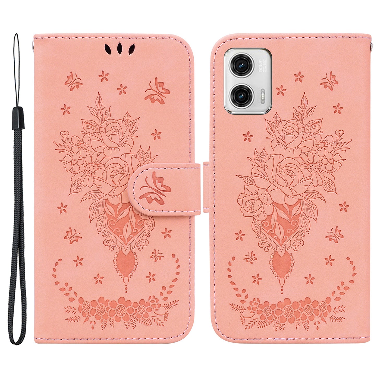 Leather Phone Case for Motorola Moto G73 5G Rose Butterfly Imprinted Phone Stand Wallet Cover