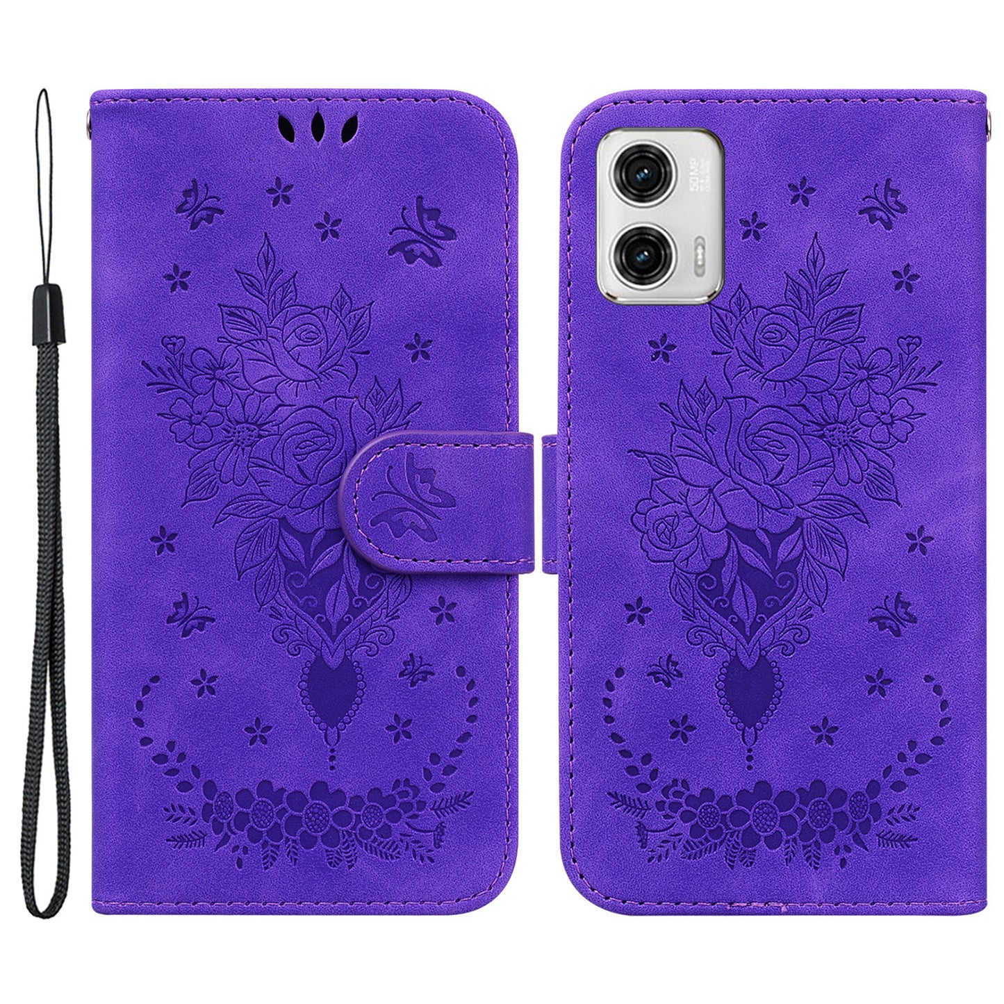 Leather Phone Case for Motorola Moto G73 5G Rose Butterfly Imprinted Phone Stand Wallet Cover