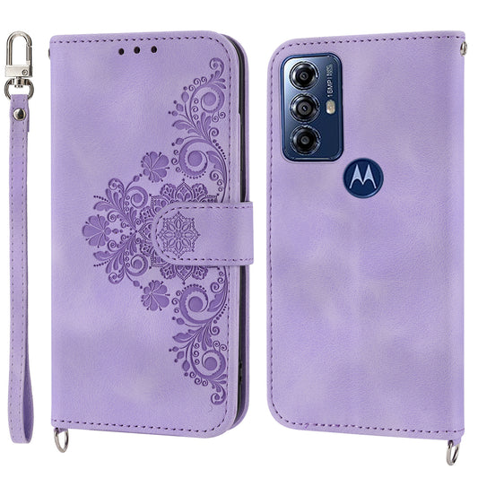 Skin-touch Leather Phone Case for Motorola Moto G Play (2023) 4G Imprinted Flower Wallet Stand Cover with Strap