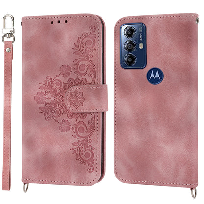 Skin-touch Leather Phone Case for Motorola Moto G Play (2023) 4G Imprinted Flower Wallet Stand Cover with Strap