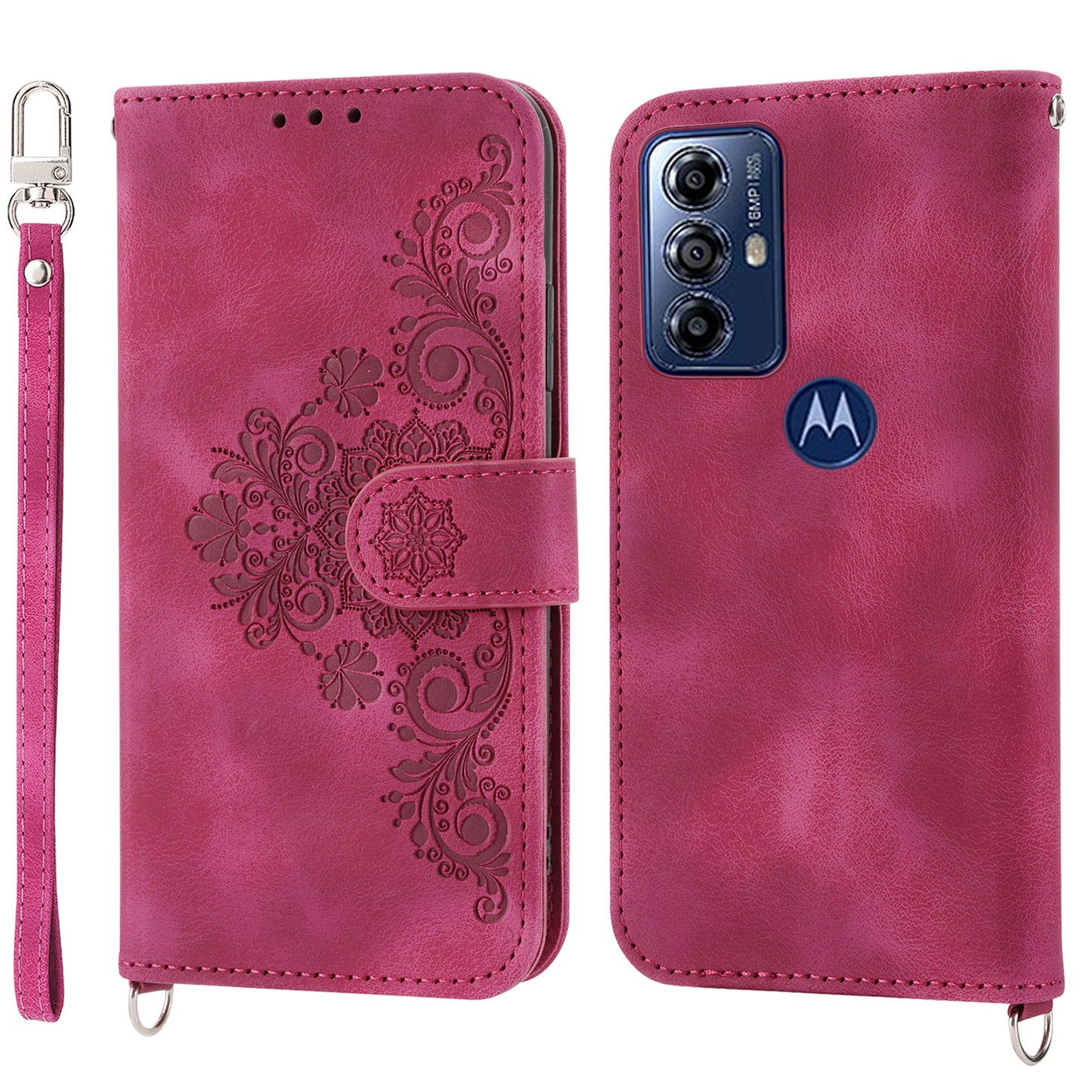 Skin-touch Leather Phone Case for Motorola Moto G Play (2023) 4G Imprinted Flower Wallet Stand Cover with Strap