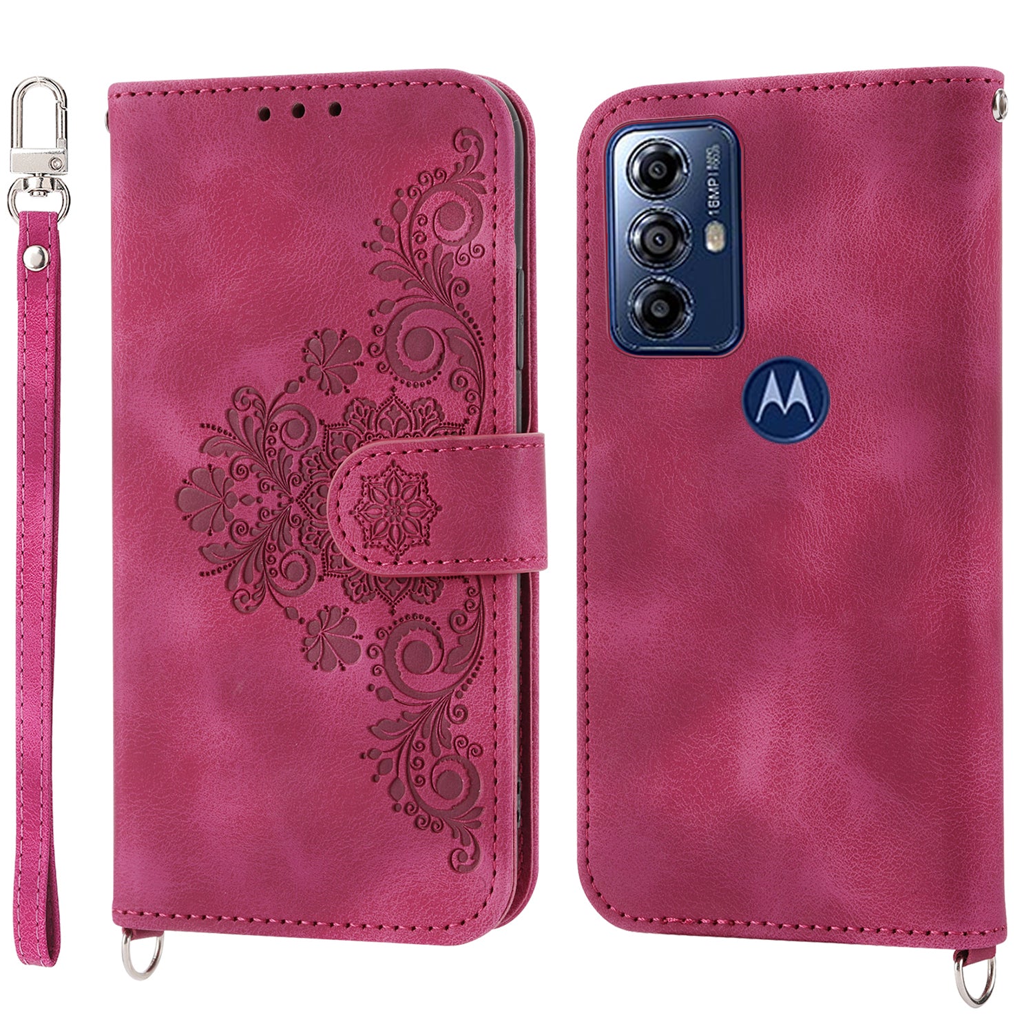 Skin-touch Leather Phone Case for Motorola Moto G Play (2023) 4G Imprinted Flower Wallet Stand Cover with Strap