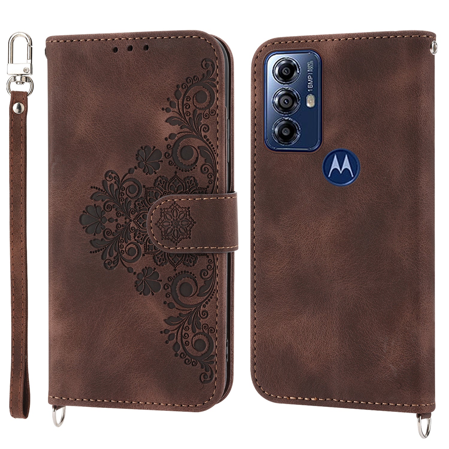 Skin-touch Leather Phone Case for Motorola Moto G Play (2023) 4G Imprinted Flower Wallet Stand Cover with Strap