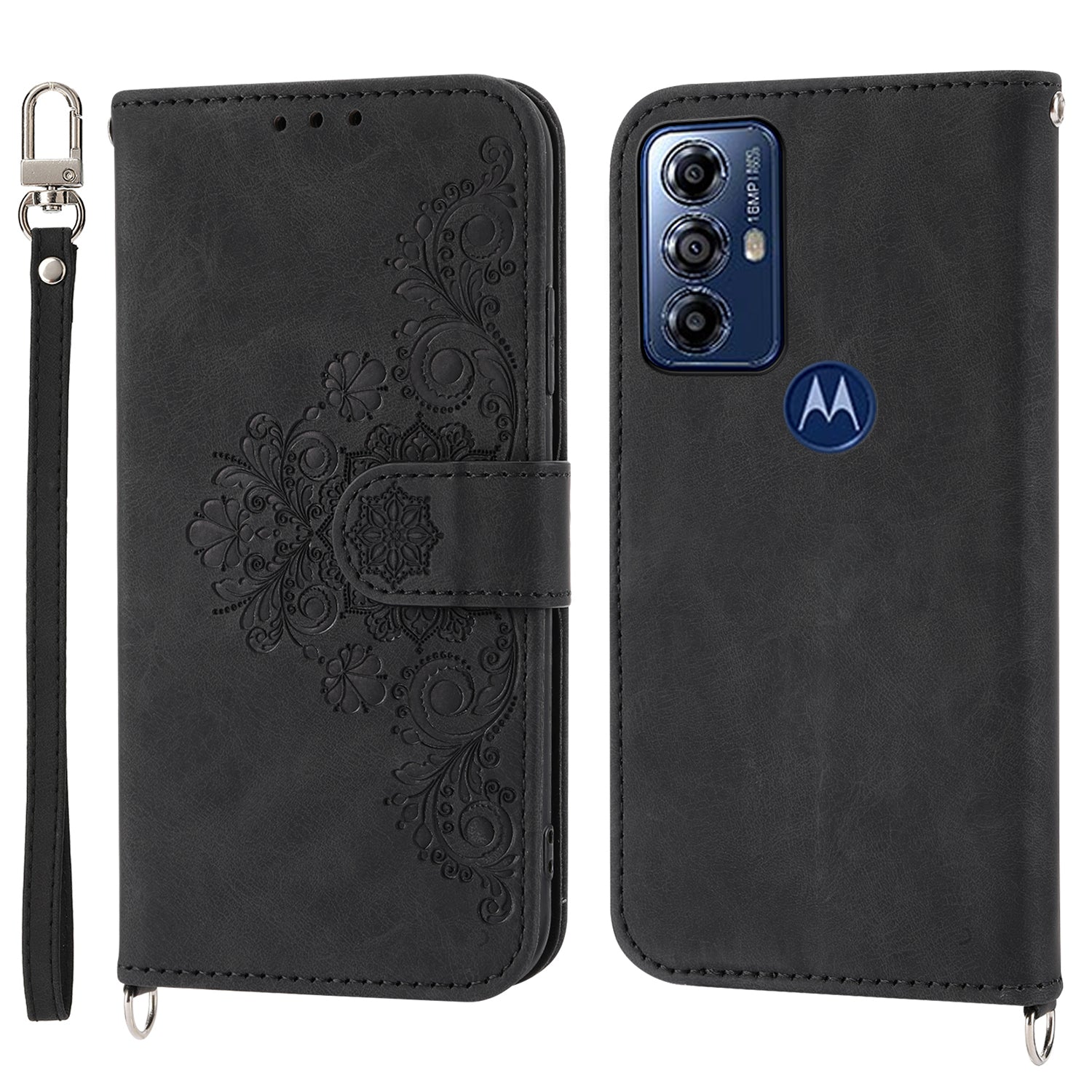 Skin-touch Leather Phone Case for Motorola Moto G Play (2023) 4G Imprinted Flower Wallet Stand Cover with Strap