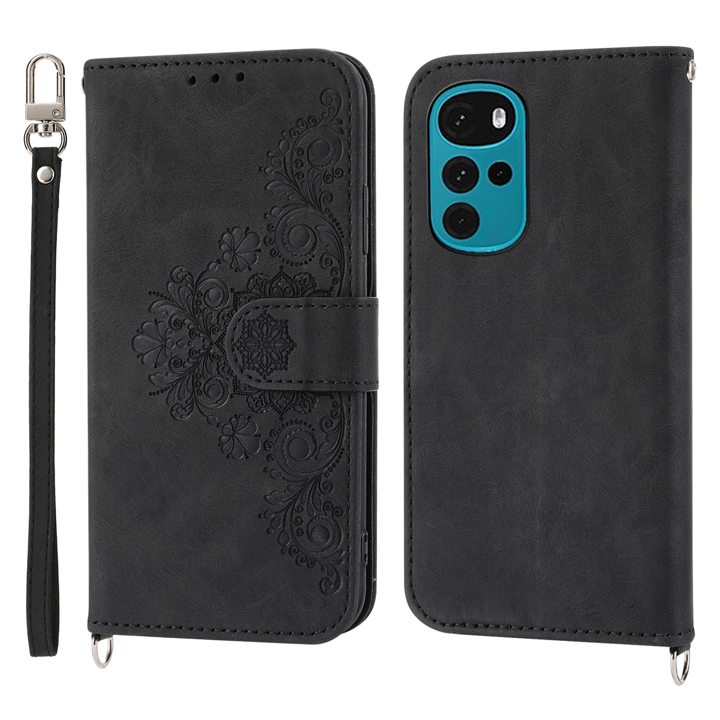 Leather Phone Case for Motorola Moto G22 Wallet Stand Imprinted Flowers Skin-touch Cover with Straps