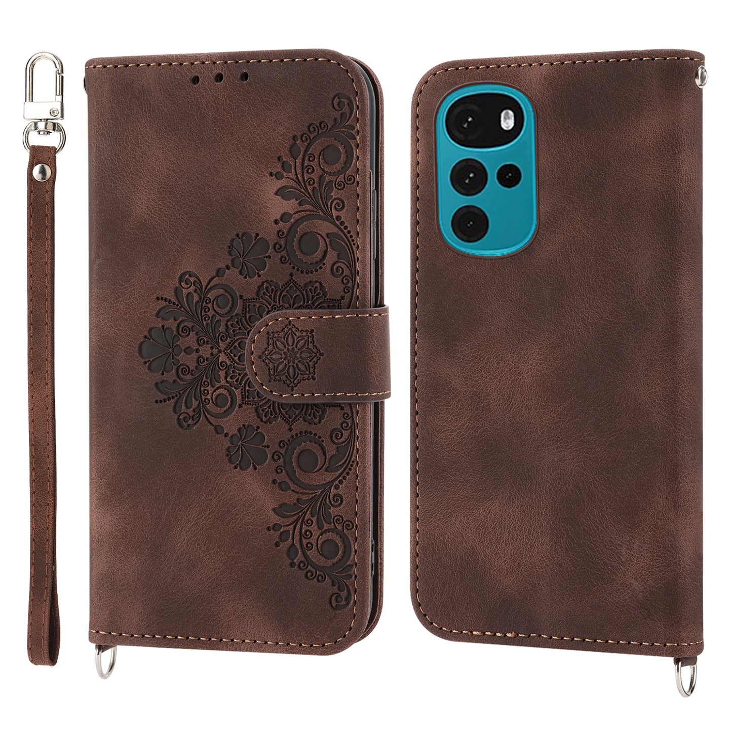 Leather Phone Case for Motorola Moto G22 Wallet Stand Imprinted Flowers Skin-touch Cover with Straps