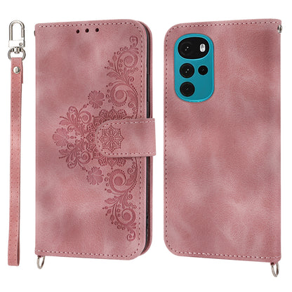 Leather Phone Case for Motorola Moto G22 Wallet Stand Imprinted Flowers Skin-touch Cover with Straps