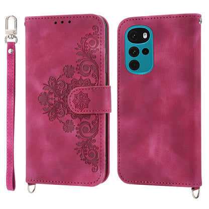 Leather Phone Case for Motorola Moto G22 Wallet Stand Imprinted Flowers Skin-touch Cover with Straps