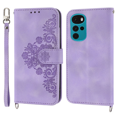 Leather Phone Case for Motorola Moto G22 Wallet Stand Imprinted Flowers Skin-touch Cover with Straps