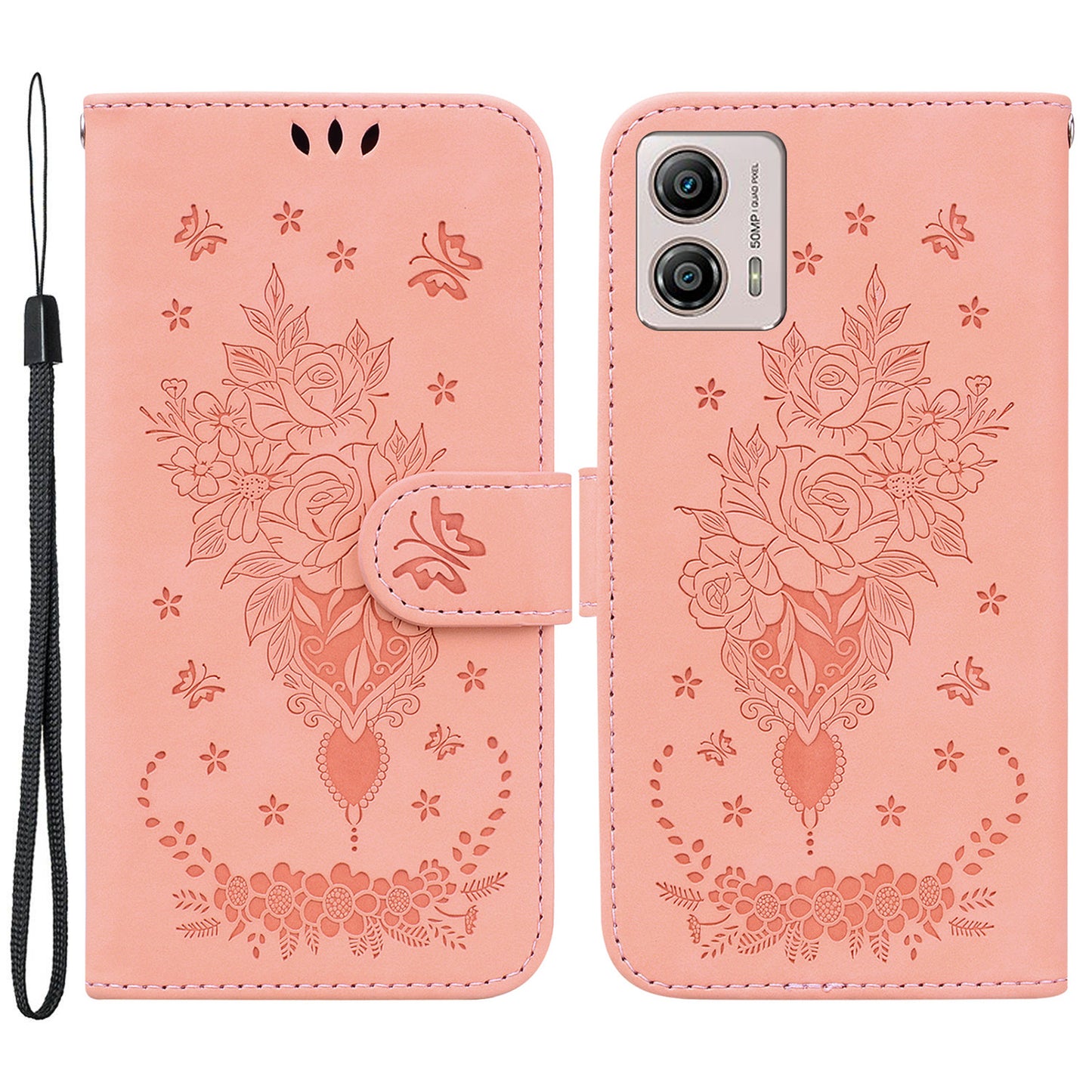 For Motorola Moto G13 4G / G23 4G / G53 5G Rose Butterfly Imprinted Stand Phone Cover Wallet Leather Case