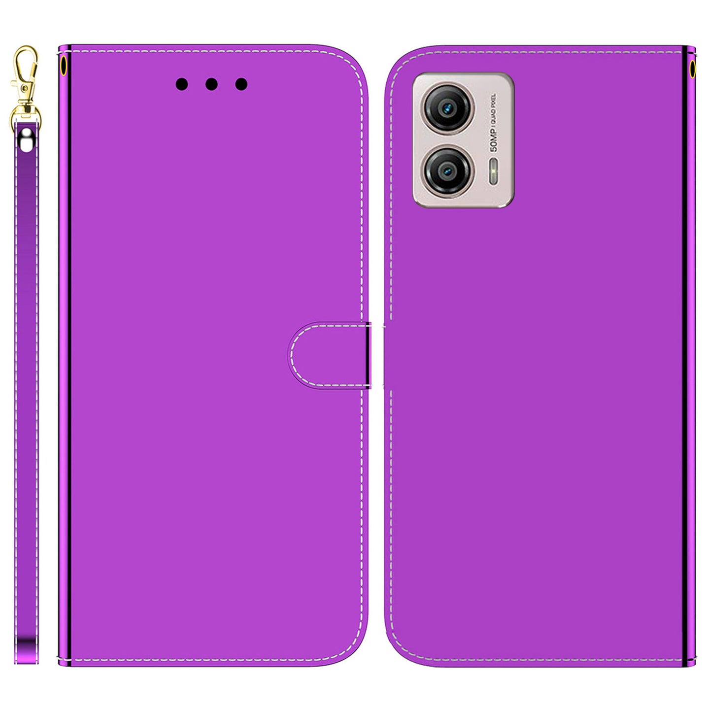 For Motorola Moto G13 4G / G23 4G / G53 5G Stand Wallet PU Leather Phone Case Mirror-like Surface Cover with Strap