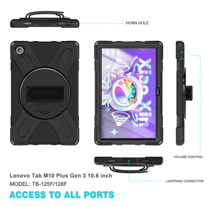 For Lenovo Tab M10 Plus (Gen 3) 10.6 inch TB-125F/128F 360 Degree Rotation Hand Strap Tablet Case Anti-drop PC + Silicone Kickstand Cover