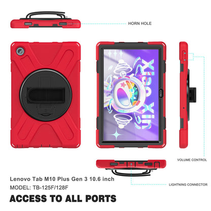 For Lenovo Tab M10 Plus (Gen 3) 10.6 inch TB-125F/128F 360 Degree Rotation Hand Strap Tablet Case Anti-drop PC + Silicone Kickstand Cover