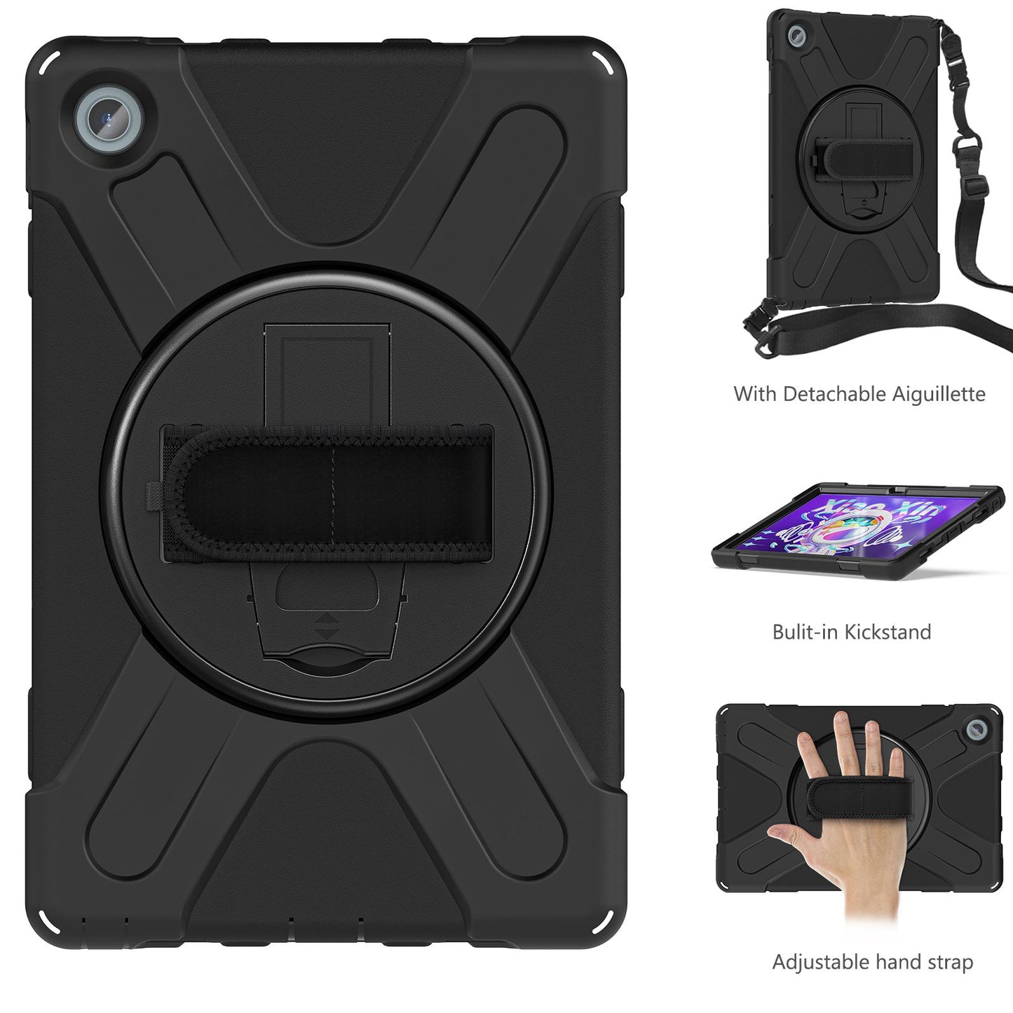 For Lenovo Tab M10 Plus (Gen 3) 10.6 inch TB-125F/TB-128F 360 Degree Rotatable Hand Strap Tablet Case PC + Silicone Kickstand Cover with Shoulder Strap