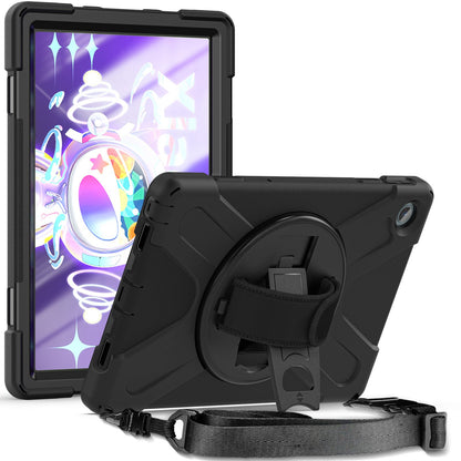 For Lenovo Tab M10 Plus (Gen 3) 10.6 inch TB-125F/TB-128F 360 Degree Rotatable Hand Strap Tablet Case PC + Silicone Kickstand Cover with Shoulder Strap