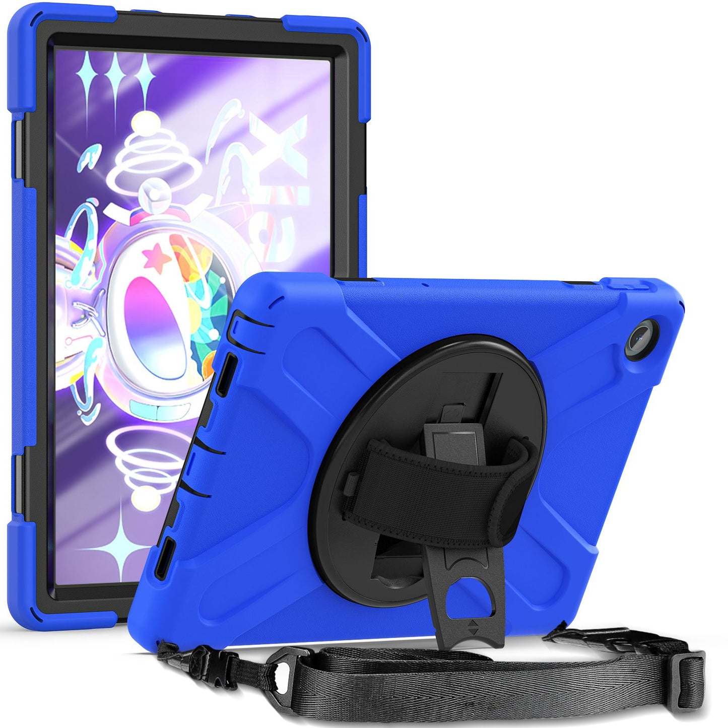 For Lenovo Tab M10 Plus (Gen 3) 10.6 inch TB-125F/TB-128F 360 Degree Rotatable Hand Strap Tablet Case PC + Silicone Kickstand Cover with Shoulder Strap