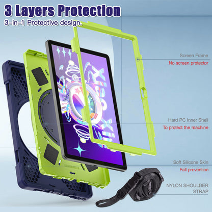 For Lenovo Tab M10 Plus (Gen 3) 10.6 inch TB-125F/TB-128F Anti-fall Anti-scratch Rotary Kickstand Tablet Case PC + Silicone Protective Cover with Shoulder Strap