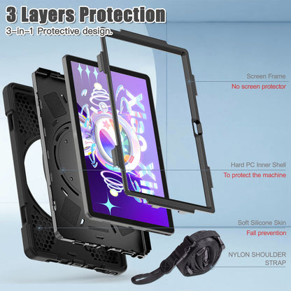 For Lenovo Tab M10 Plus (Gen 3) 10.6 inch TB-125F/TB-128F Anti-fall Anti-scratch Rotary Kickstand Tablet Case PC + Silicone Protective Cover with Shoulder Strap