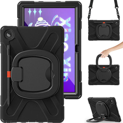 For Lenovo Tab M10 Plus (Gen 3) 10.6 inch TB-125F/TB-128F Anti-fall Anti-scratch Rotary Kickstand Tablet Case PC + Silicone Protective Cover with Shoulder Strap