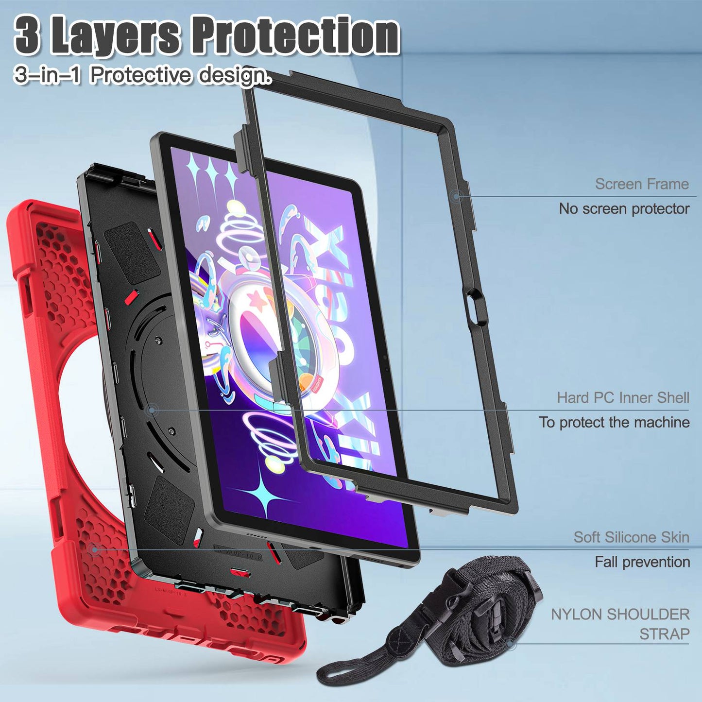 For Lenovo Tab M10 Plus (Gen 3) 10.6 inch TB-125F/TB-128F Anti-fall Anti-scratch Rotary Kickstand Tablet Case PC + Silicone Protective Cover with Shoulder Strap