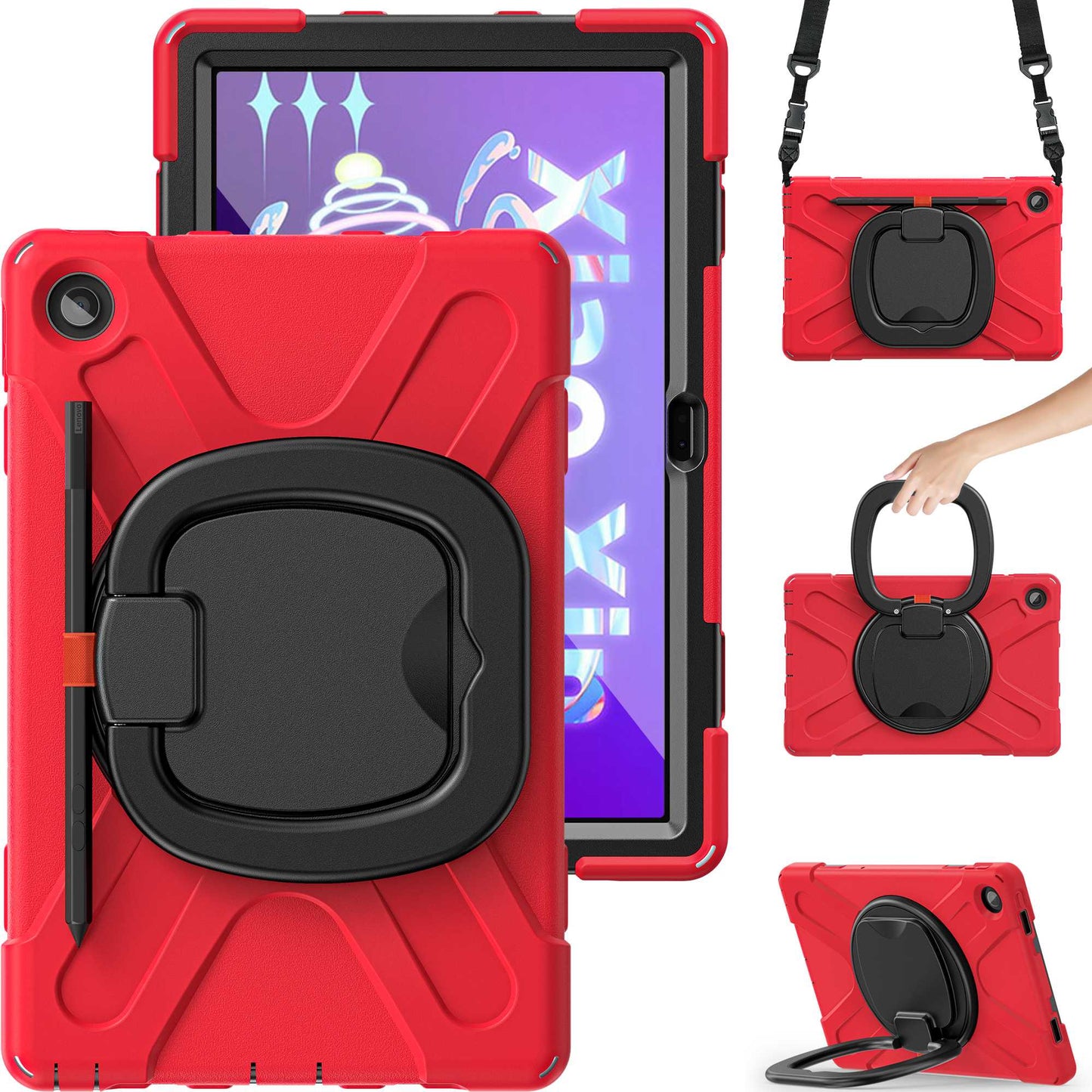 For Lenovo Tab M10 Plus (Gen 3) 10.6 inch TB-125F/TB-128F Anti-fall Anti-scratch Rotary Kickstand Tablet Case PC + Silicone Protective Cover with Shoulder Strap