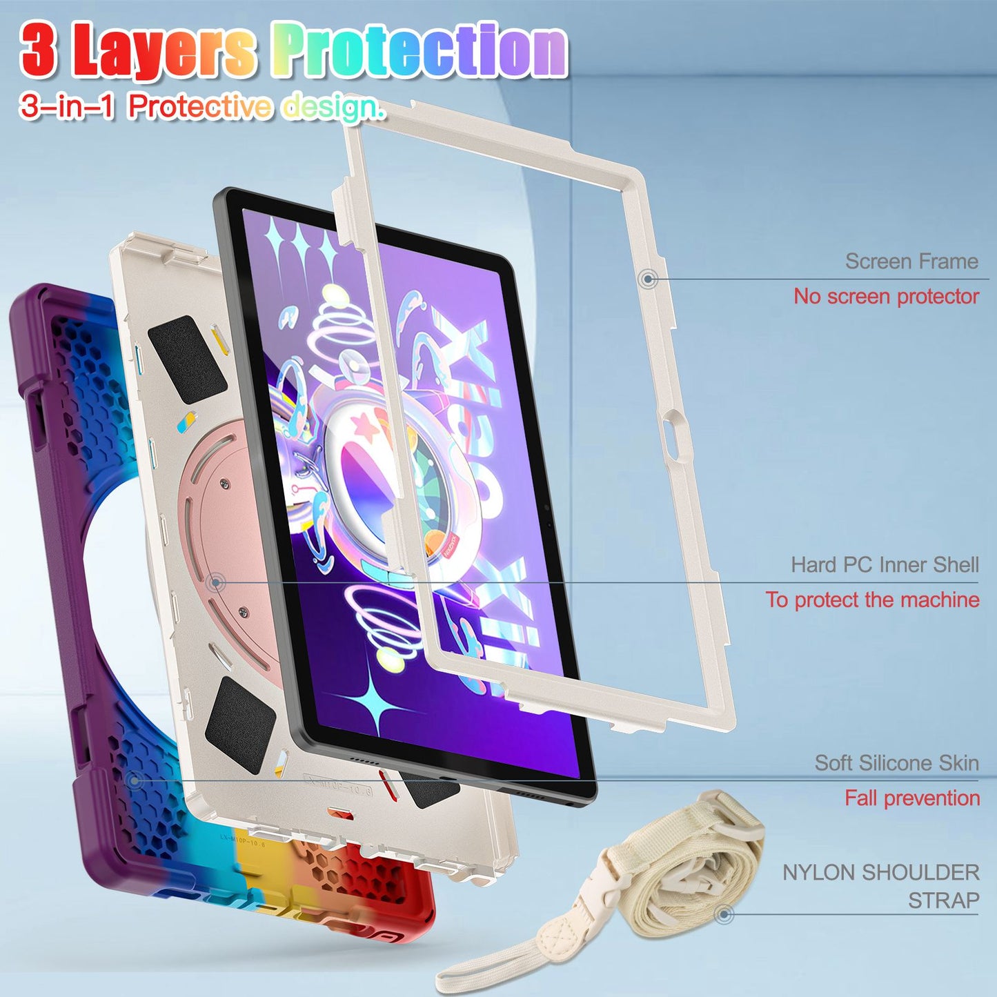 For Lenovo Tab M10 Plus (Gen 3) 10.6 inch TB-125F/TB-128F Anti-fall Anti-scratch Rotary Kickstand Tablet Case PC + Silicone Protective Cover with Shoulder Strap