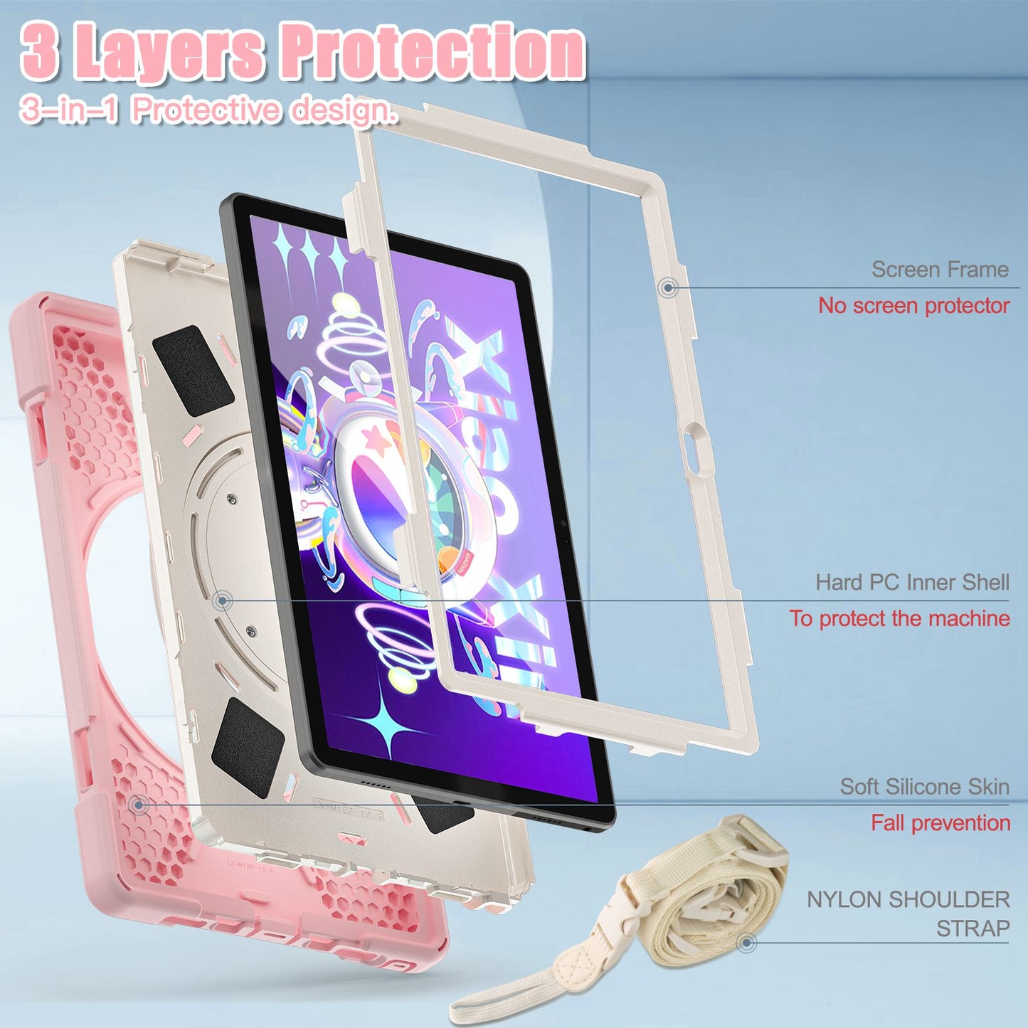 For Lenovo Tab M10 Plus (Gen 3) 10.6 inch TB-125F/TB-128F Anti-fall Anti-scratch Rotary Kickstand Tablet Case PC + Silicone Protective Cover with Shoulder Strap