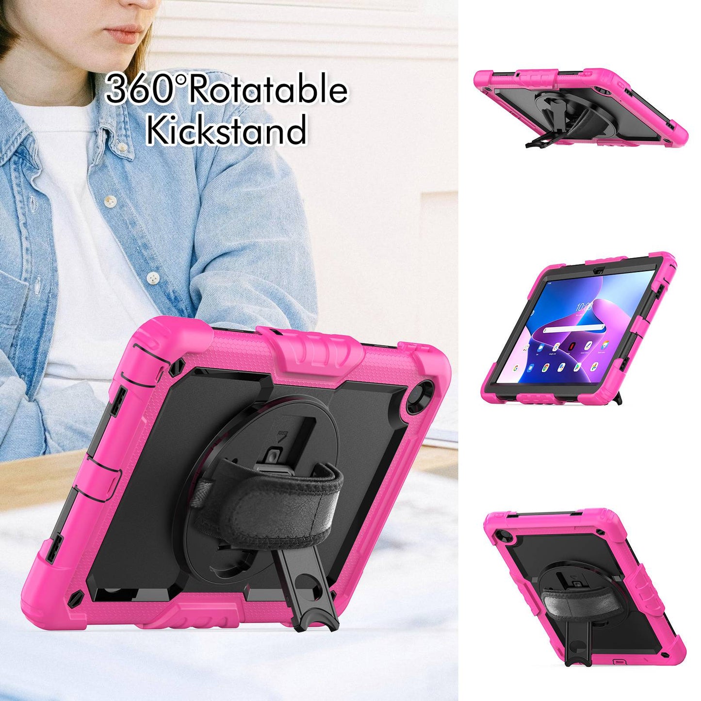 For Lenovo Tab M10 Plus (Gen 3) 125FU/128FU Silicone+PC Protective Case with Shoulder Strap Anti-Scratch Cover Shockproof Portable Tablet Kickstand Case