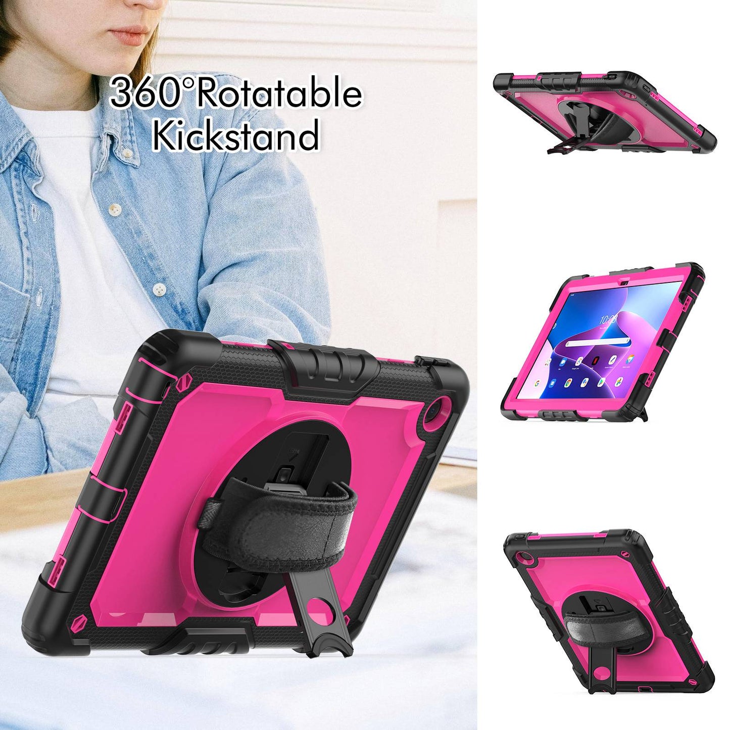 For Lenovo Tab M10 Plus (Gen 3) 125FU/128FU Silicone+PC Protective Case with Shoulder Strap Anti-Scratch Cover Shockproof Portable Tablet Kickstand Case