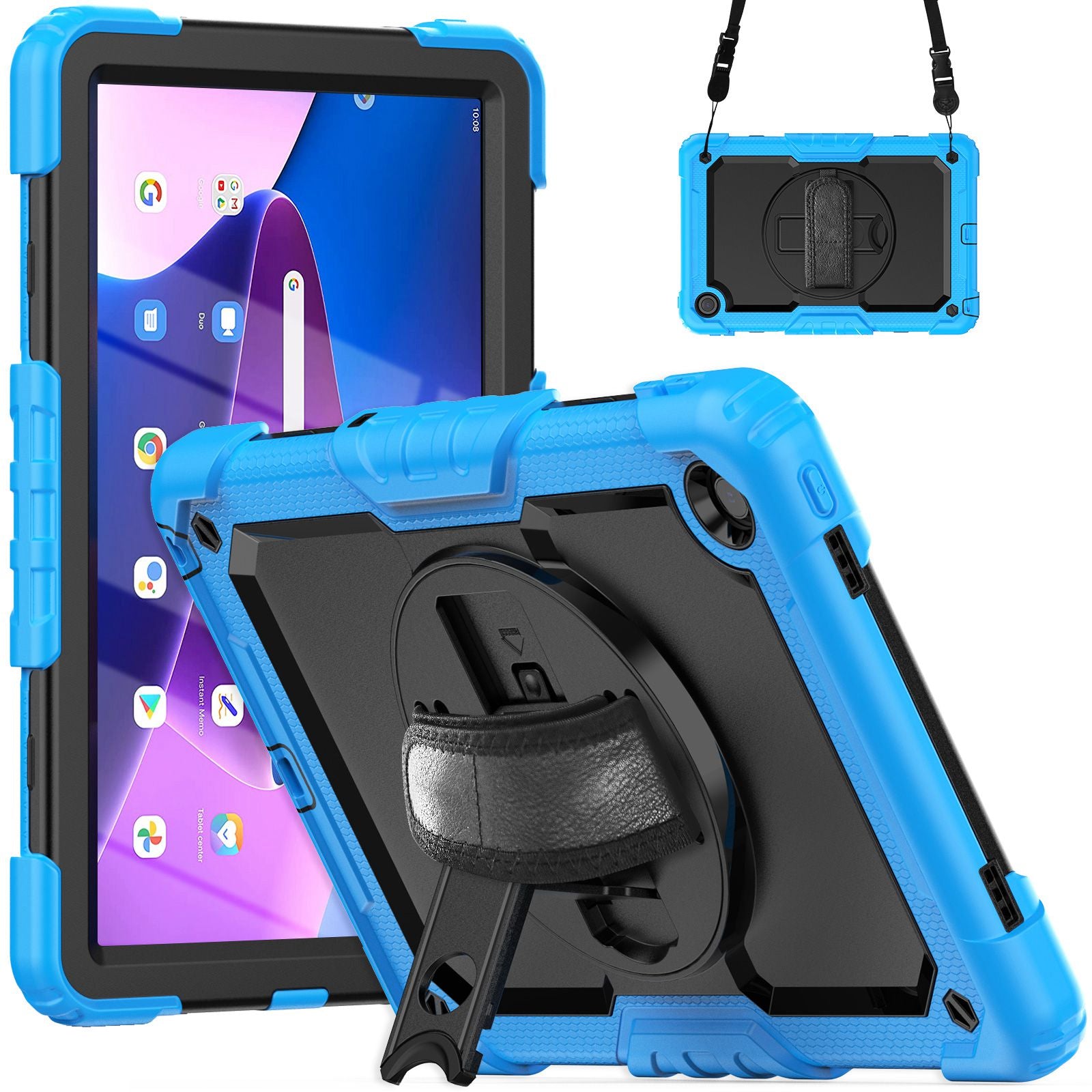 For Lenovo Tab M10 Plus (Gen 3) 125FU/128FU Silicone+PC Protective Case with Shoulder Strap Anti-Scratch Cover Shockproof Portable Tablet Kickstand Case