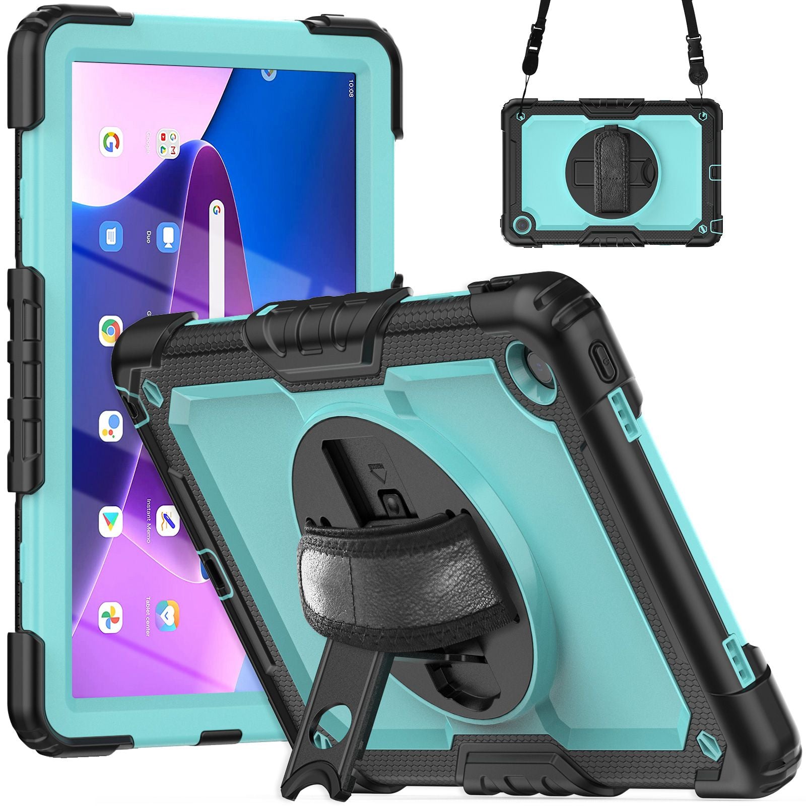 For Lenovo Tab M10 Plus (Gen 3) 125FU/128FU Silicone+PC Protective Case with Shoulder Strap Anti-Scratch Cover Shockproof Portable Tablet Kickstand Case